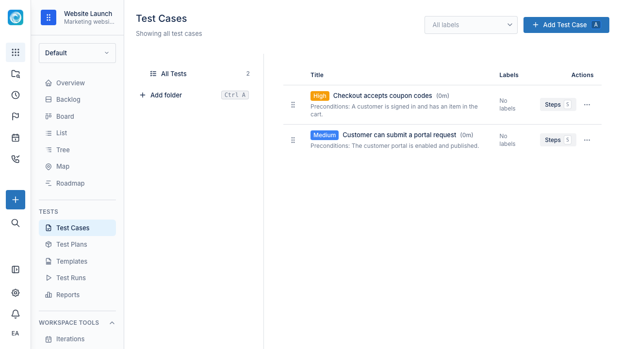 Test cases in a workspace