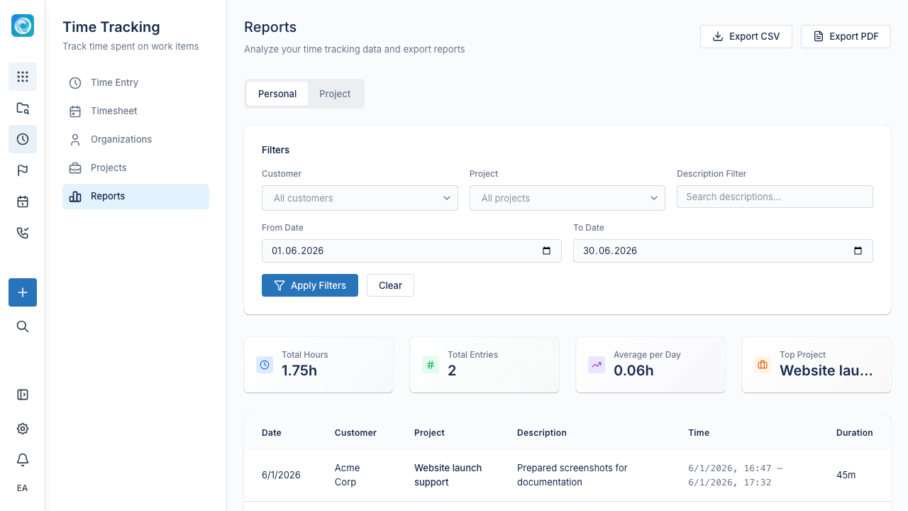 Time tracking worklog list